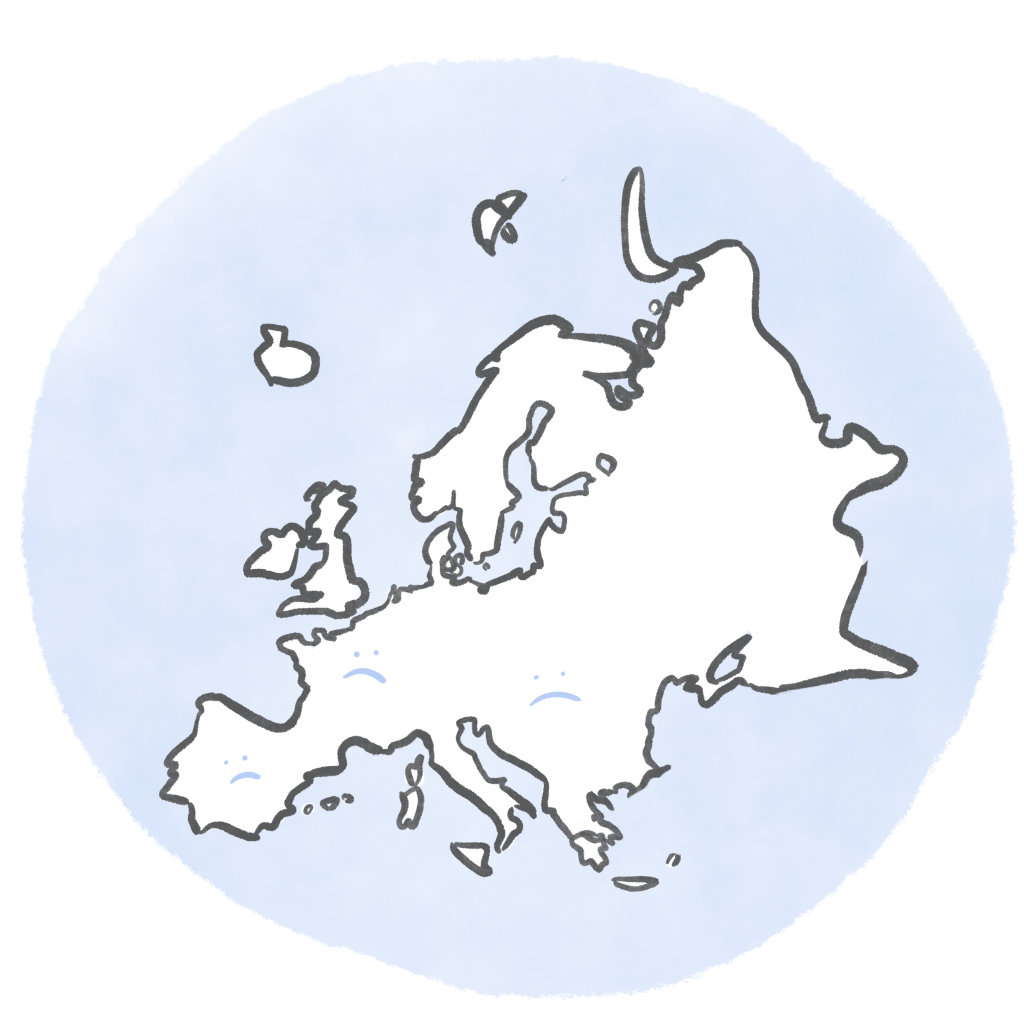 Illustration of a map of Europe, with frowns all over it